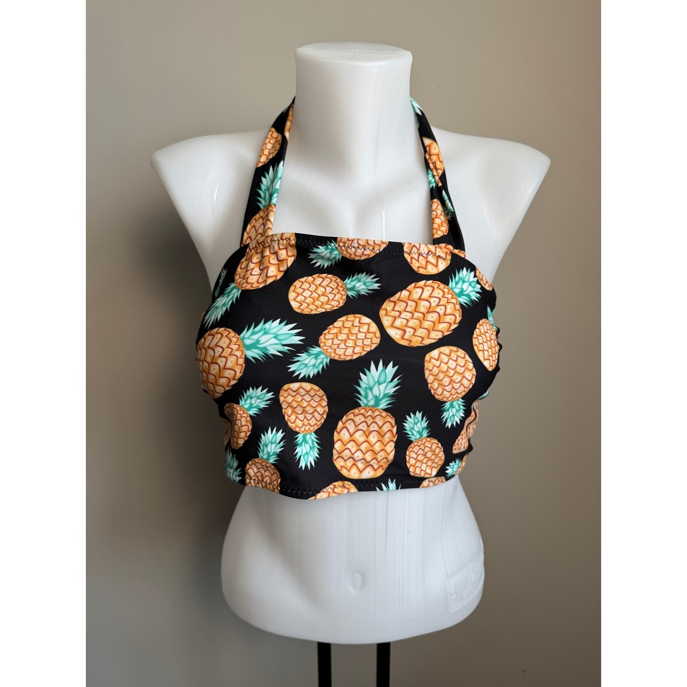 Cupshe Pineapple Print Halter Bikini Top Black Orange‎ Tropical Swimwear M Beach